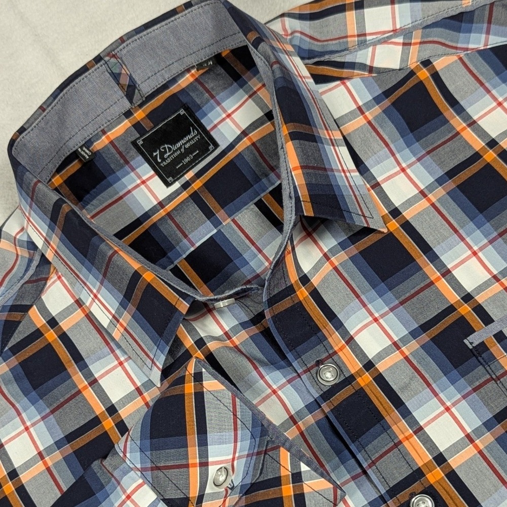 7‎ Diamonds Mens Slim Fit XXL Plaid Button Down Shirt Navy Orange Long Sleeve
